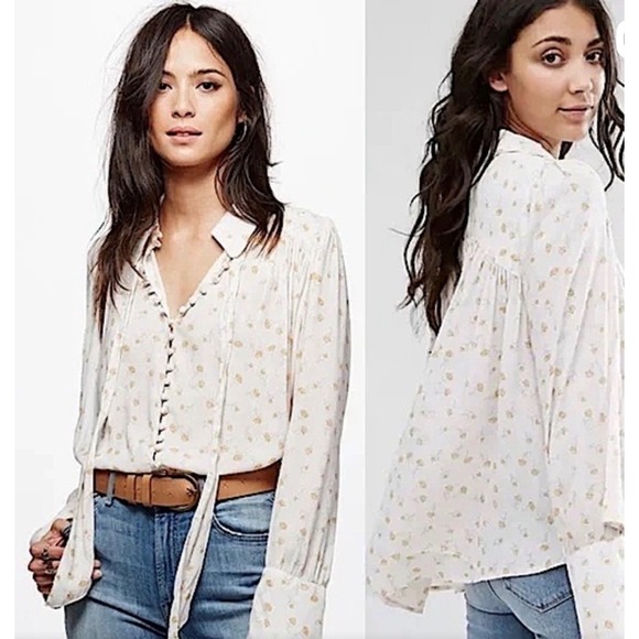Free People Modern Muse floral tie-neck button-down blouse in cream/yellow‎ XS - Picture 3 of 10